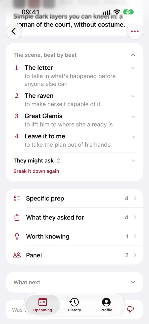 Scene breakdown for Lady Macbeth, Act 1 Scene 5: four beats, from the letter to Leave all the rest to me, each with what she wants, how she plays it and what shifts