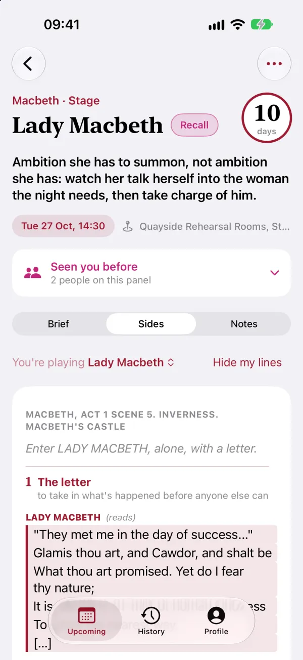 The Sides tab for Lady Macbeth: her lines highlighted, the beats of Act 1 Scene 5 marked where they start